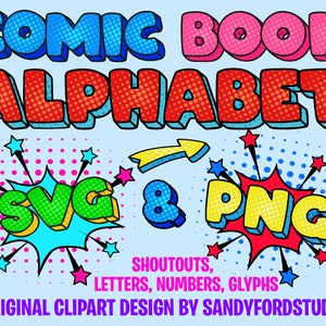 Alfabeto de quadrinhos SVG e PNGs - Letras, números, glifos, setas e mensagens de quadrinhos - Download instantâneo