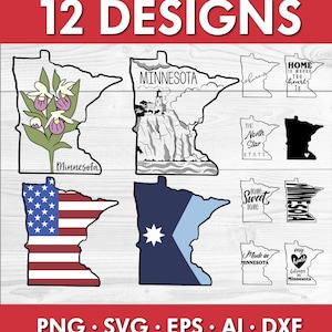 Bundle SVG État du Minnesota, contours de l'État dessinés à la main, drapeau, fleur, paysage svg png ai eps dxf, fichier de conception de chemise pour Cricut & Silhouette