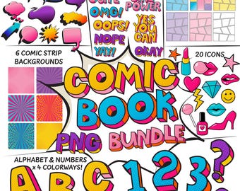 Sassy Comic Book Clipart Bundle, Pop Art Alphabet PNG, Comic Speech Bubbles, Pink Girly Retro Sarcastic Graphics, Cartoon Template, Icons