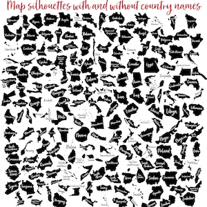 May include: A black and white graphic illustration of the outlines of the world's countries. Each country is labeled with its name.