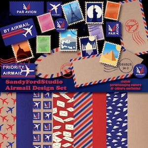Luchtpost Design Set - Digital Scrapbooking papier, Clip Art elementen en briefpapier sjablonen - INSTANT DOWNLOAD