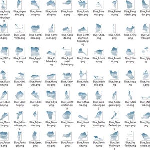 Pu&ograve; includere: Una collezione di 195 mappe di contorno di paesi di tutto il mondo in blu e bianco. Ogni mappa &egrave; etichettata con il nome del paese e l'estensione del file '.png'.