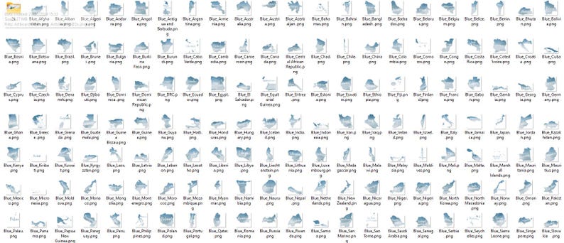 Pu&ograve; includere: Una collezione di 195 mappe di contorno di paesi di tutto il mondo in blu e bianco. Ogni mappa &egrave; etichettata con il nome del paese e l'estensione del file '.png'.
