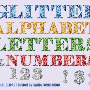 Glitzer Alphabet, Glitzer Buchstaben und Zahlen, Glitzer Schriftart PNG Dateien - 5 Sets - Gold, Silber, Rot, Grün und Blau - Instant Download