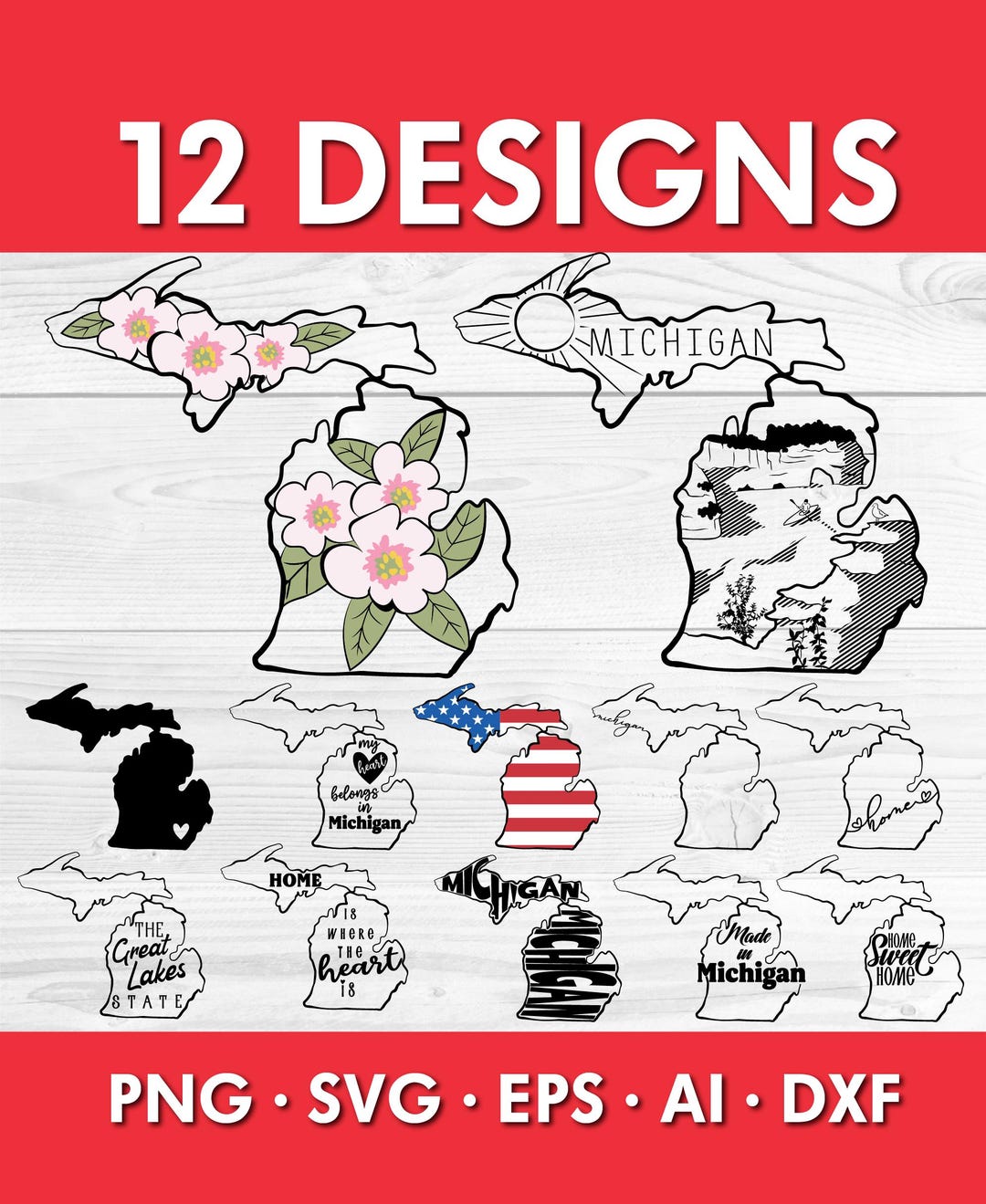 Michigan SVG Bundle – Hand Drawn State Outline, Flag, Flower, Landscape ...