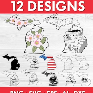 Michigan SVG Bundle – Hand Drawn State Outline, Flag, Flower, Landscape png ai eps dxf, Shirt Design Clipart Files for Cricut & Silhouette