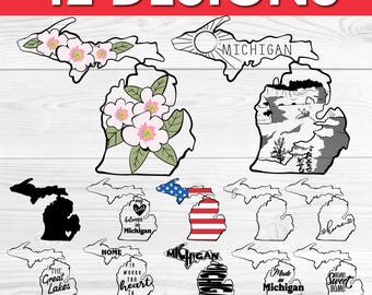 Michigan SVG Bundle – Hand Drawn State Outline, Flag, Flower, Landscape png ai eps dxf, Shirt Design Clipart Files for Cricut & Silhouette