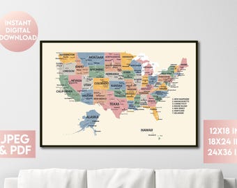 Boho USA Map Print: Minimalist America Poster (Digital Download)