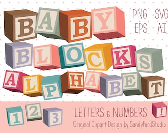 Retro Baby Blocks Clipart: Alphabet & Numbers SVG PNG (Digital Download)