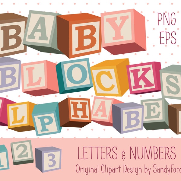 Retro Boho Colors 3D Baby Blocks Clipart Alphabet SVG PNG - full alphabet and numbers in 8 colors - Instant Download