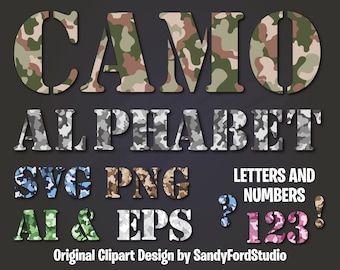 Camouflage Alphabet & Numbers: Military Lettering (SVG, PNG, AI Files) - Digital Download