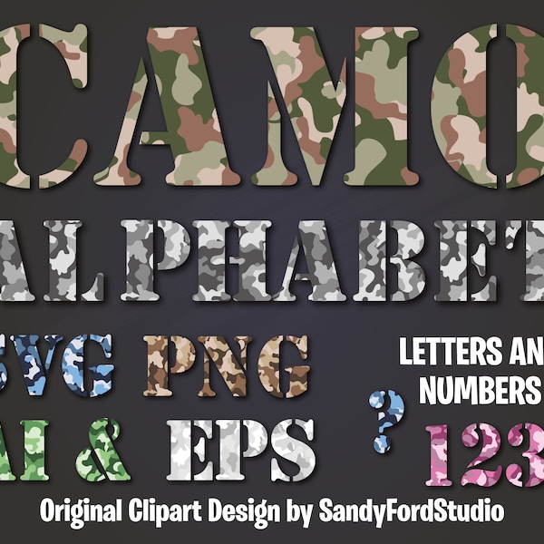 Camouflage Alphabet  & numbers -military, brown, green, blue, pink, gray, white - svg, png, ai files - Instant Download