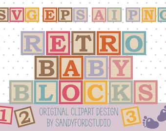 Retro Baby Blocks Clipart: Alphabet & Numbers SVG PNG (Digital Download)