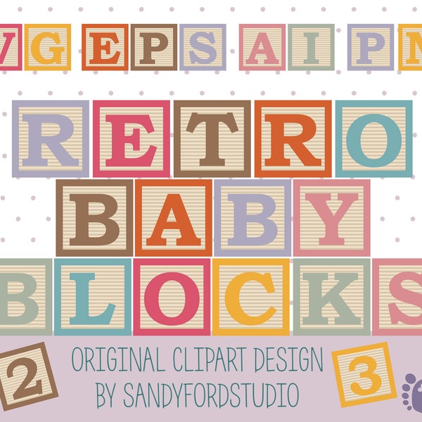 Retro Boho Colors Baby Blocks Clipart Alphabet SVG PNG flat icons- full alphabet and numbers in 8 colors - Instant Download