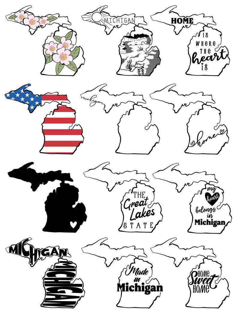Michigan SVG Bundle – Hand Drawn State Outline, Flag, Flower, Landscape ...
