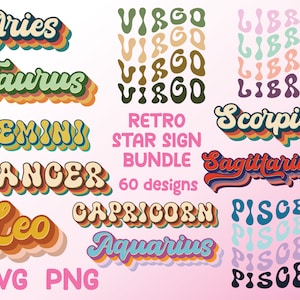 Retro Sternzeichen Bundle SVG PNG ai und eps Dateien - Gewellter Text Astrologie Clipart - 70er Jahre Groovy Sternzeichen Schneidedateien - 60 Dateien - Instant Download