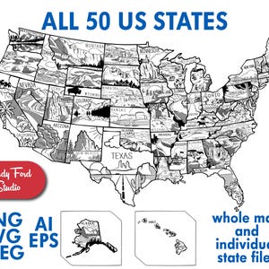 Może przedstawiać: Czarno-biała ilustrowana mapa 50 stanów USA, każdy stan z unikalnymi obrazami. Tekst "ALL 50 US STATES" znajduje się na górze. Zawiera pliki poszczególnych stanów i całą mapę w formatach PNG, AI, SVG, EPS i JPEG.