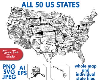 USA State Outlines SVG and PNG Bundle: Clipart, Shapes (Digital Download)