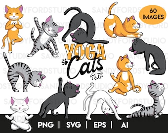 May include: A set of 60 digital illustrations of cats in various yoga poses. The cats are in different colors, including gray, white, orange, and black. The text "Yoga Cats" is written in a stylized font.