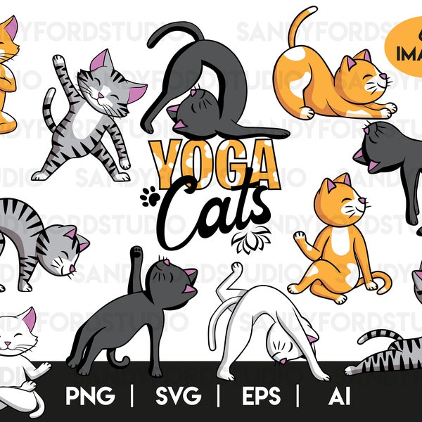 Yoga Cats ClipArt Collection - Yoga Cat SVG, Yoga Cat Cartoon PNG - Instant Download