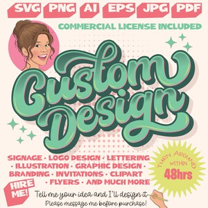 Könnte beinhalten: Eine digitale Grafikwerbung mit dem Text Custom Design in großer grüner Schreibschrift. Sie enthält eine Cartoon-Illustration einer Person, eine Liste von Dienstleistungen wie Logodesign und Branding sowie den Text Turn Around Within 48hrs.