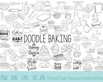 Può includere: Illustrazioni a doodle in bianco e nero di oggetti a tema cottura, tra cui una frusta, un mattarello, tazze di misurazione, una torta e un uomo di pan di zenzero. Il testo "Doodle Baking" è scritto in grandi lettere nella parte superiore dell'immagine.