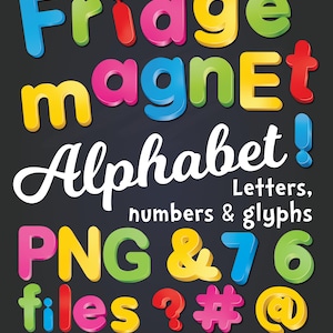 Alfabet clipart voor op de koelkast: hoofdletters, kleine letters en cijfers (PNG-bestanden - digitale download)