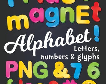 Fridge Magnet Alphabet Clipart: Upper case and Lowercase Letters & Numbers (PNG Files - Digital Download)