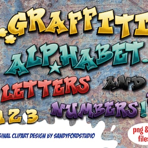 Graffiti Clipart Alphabet - Letters, numbers - Red, Purple, turquoise, yellow, black - 200 files - png files + digital paper