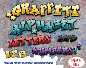 Graffiti Clipart Alphabet - Letters, numbers - Red, Purple, turquoise, yellow, black - 200 files - png files + digital paper
