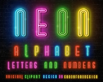 Neon Alphabet - Neon Letters and Numbers, Neon Font PNG files - blue, green, pink, red & yellow - five complete alphabets - Instant Download