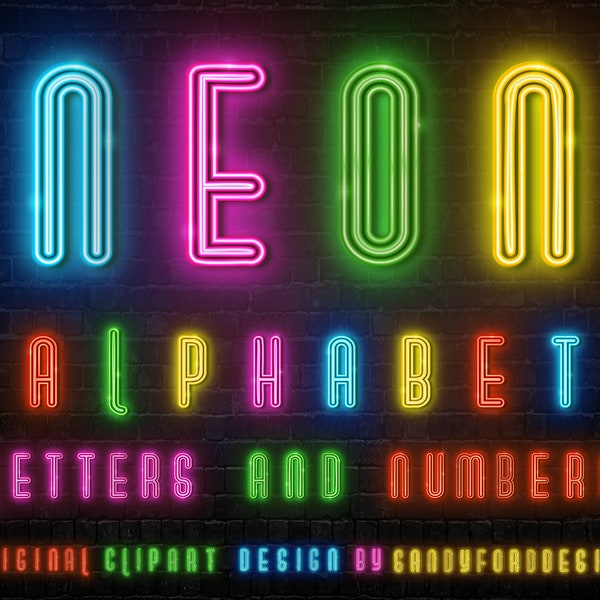 Neon Alphabet - Neon Letters and Numbers, Neon Font PNG files - blue, green, pink, red & yellow - five complete alphabets - Instant Download