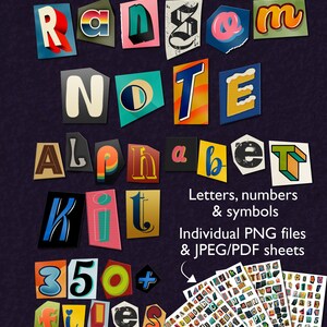 Könnte beinhalten: Ein Alphabet-Kit im Collage-Stil mit bunten Buchstaben, Zahlen und Symbolen. Das Bild enthält einzelne PNG-Dateien und JPEG/PDF-Blätter. Der Text lautet "Random Note Alphabet Kit" und "350+ Dateien."