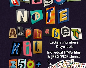 Ransom Note Alphabet Kit Clipart - 360 Cutout Kidnap Letters, Numbers and Punctuation, Digital magazien letters - png, jpg + pdf