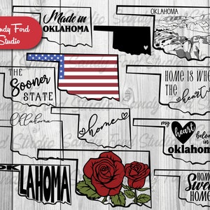 May include: A collection of Oklahoma state outline designs with various text and images. The designs include the words "Made in Oklahoma", "The Sooner State", "Oklahoma", "Home is where the heart is", "My heart belongs in Oklahoma", "Home Sweet Home", and "OKLAHOMA". The designs also include a red, white, and blue American flag, a heart, and two red roses.