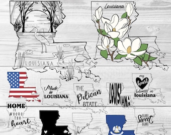 Louisiana SVG Bundle – State Outline, Flag, Flower, Landscape png ai eps dxf, Shirt Design Clipart (Digital Files for Cricut & Silhouette)