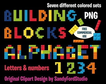 May include: A set of colorful alphabet letters and numbers made to look like building blocks. The letters are in a variety of colors, including red, blue, green, yellow, and orange. The numbers are in the same colors as the letters. The text "Building Blocks Alphabet" is at the top of the image, and the text "Letters & numbers 1 2 3 4" is at the bottom of the image. The text "Free Commercial Use" is in a white speech bubble.