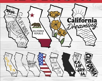 California SVG Bundle – Hand Drawn State Outline, Flag, Flower, Landscape png ai eps dxf, Shirt Design Clipart Files for Cricut & Silhouette