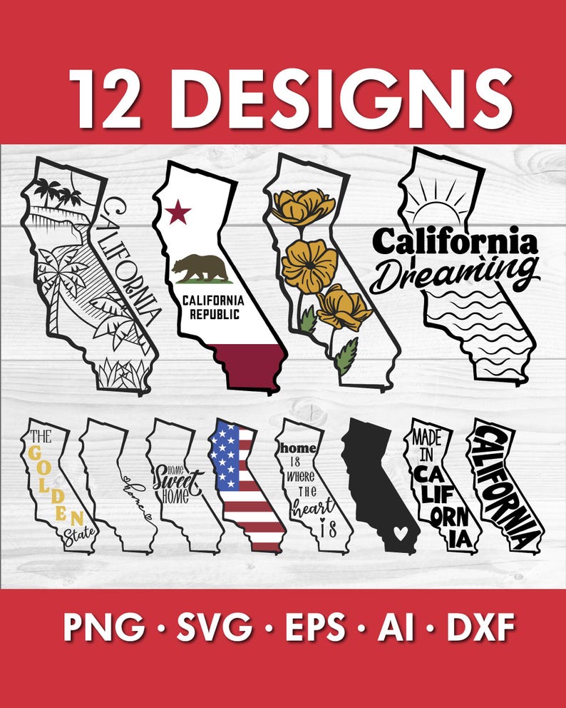 California SVG Bundle – Hand Drawn State Outline, Flag, Flower ...