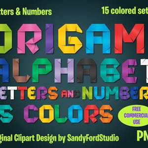 Buntes Origami Alphabet, Origami Schrift PNG, Ordner Papier Buchstaben - Buchstaben Zahlen - 15 komplette Sets - Instant Download