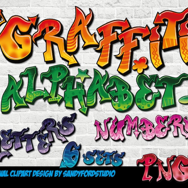 Graffiti Clipart Alphabet - Letters  and numbers - 6 colored sets plus painted blob backgrounds - 560 files - png files  - Instant Download