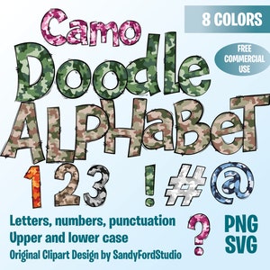 Camo Doodle Alphabet: 8 Color SVG PNG Letter Sets (Digital Download)