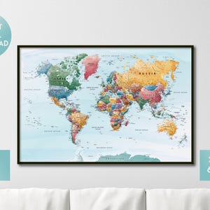 Boho aquarel wereldkaart print, digitale wereldkaart poster, download wereldkaart met landen, slaapzaal decor muur, afdrukbare reizen