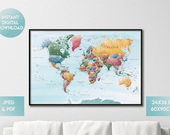 Boho Watercolor World Map Print: Detailed Countries (Digital Download)