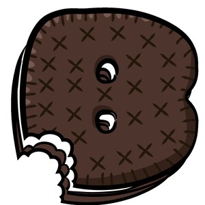 Puede incluir: Una galleta de chocolate marr&oacute;n con un mordisco. La galleta tiene un patr&oacute;n de cruz y dos botones de chocolate blanco.