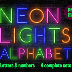 Alfabeto de luzes de néon - letras e números de néon - azul, verde, rosa e laranja - arquivos PNG de néon - download instantâneo