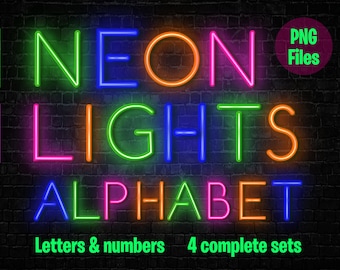 ネオンライトアルファベットPNG：カラフルな文字と数字（即時