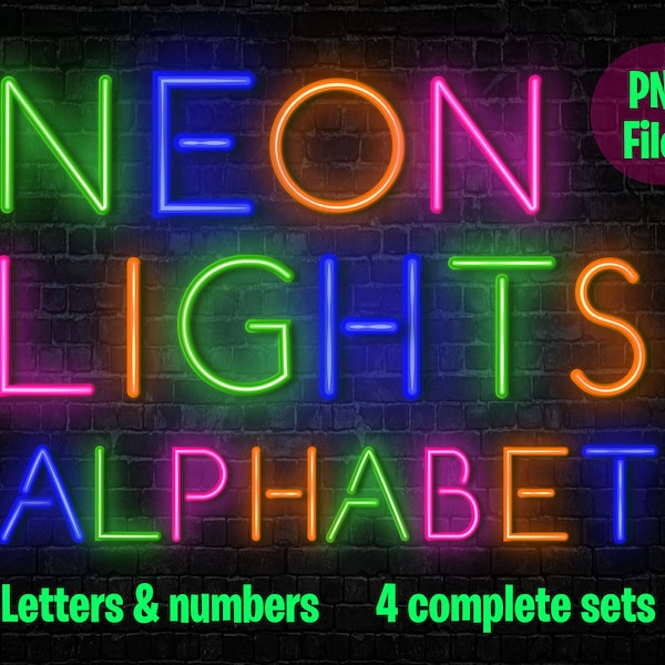 Neon Lights Alphabet - Neon letters and numbers - blue, green, pink and orange - Neon PNG files - Instant Download