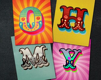 Circus Alphabet Clipart and DIY Poster Kit - 156 Risograph Letters & Numbers and Carnival Sunburst Backgrounds - Vintage Party Decor PNGs