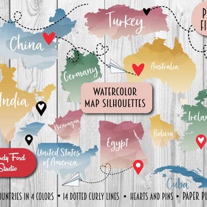 Boho Aquarell Welt Länder Silhouetten PNG Dateien, Land Umrisse Clipart, UN Land Formen, Png Dateien - zum sofortigen Download